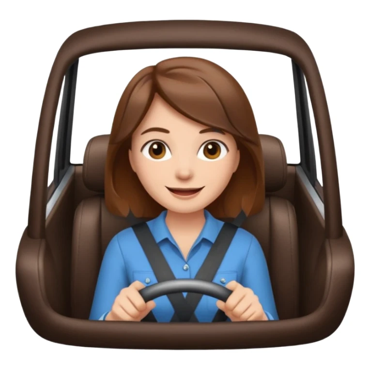 Brown hair woman driving car. Happy face sticker