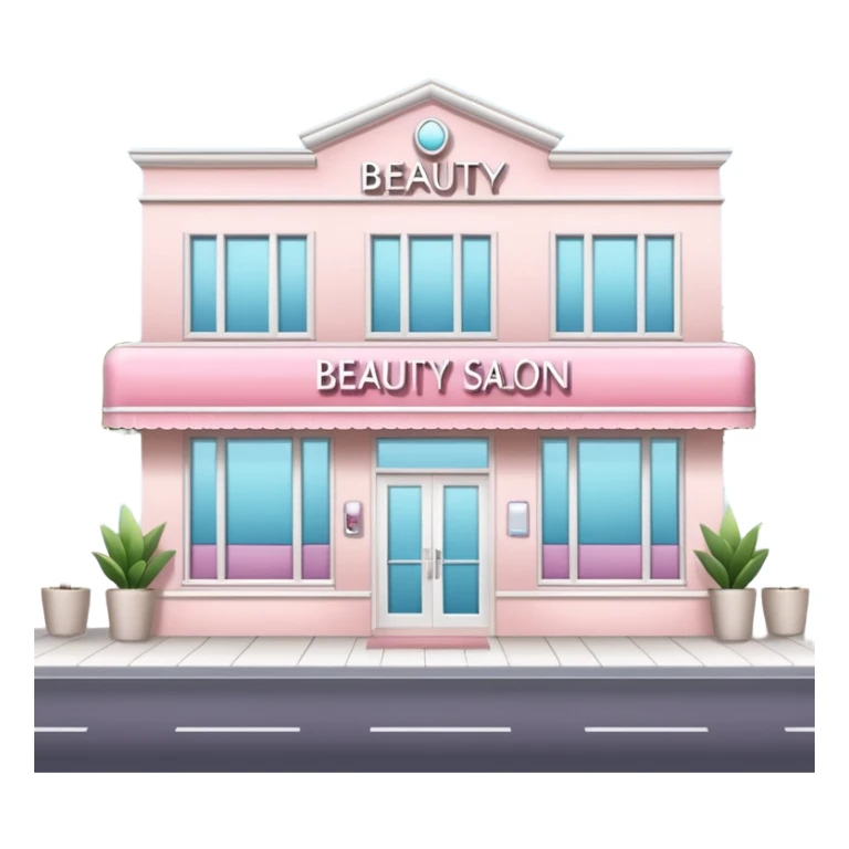Modern beauty salon building with a stylish illuminated sign that says BEAUTY SALON on the front. Elegant exterior design, large clean windows, soft pastel colors, minimalistic decorations, welcoming atmosphere, daytime, high-quality detailed render sticker