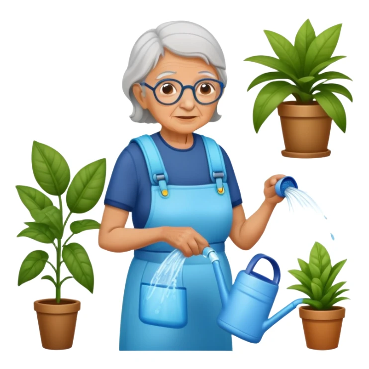 Old woman wearing a water pack watering house plants sticker