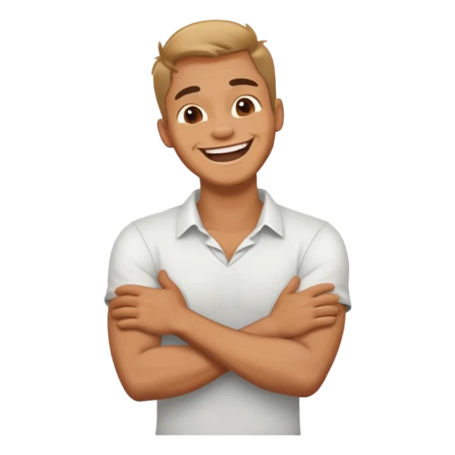 A guy laughing with his arms crossed holding his neck sticker