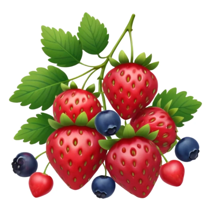 small cluster of mixed berries: strawberries with green tops, raspberries, red currants on a stem, and blueberries, realistic, 3D, no faces, no bowl, transparent background sticker