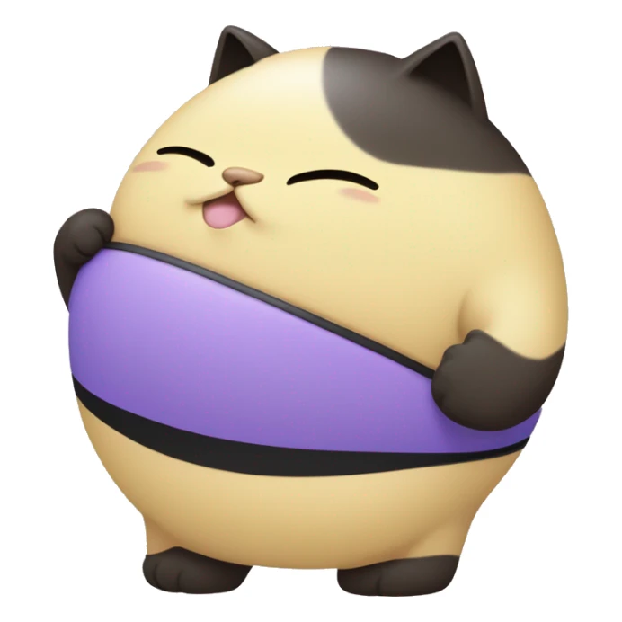 a 300 thousand kilogram weighting human kitty, with fur coloured one side light yellow and the other side light purple wearing black with blue stripe bikini being immobile, and grumpily happy while touching her massive belly on the floor sticker