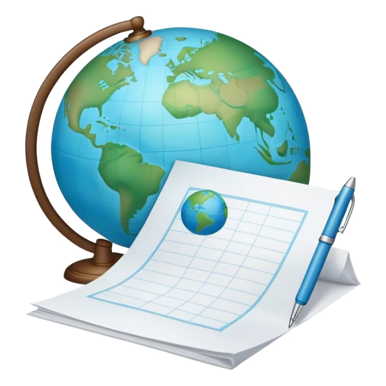 Create an emoji representing language translation. The design should feature just one globe in the background, symbolizing international communication. In front of the globe, place two books or sheets of paper with texs on them and a pen nearby to indicate the act of writing. Use a clean and professional color palette with blues, greens, and neutral tones. Make the background transparent. sticker