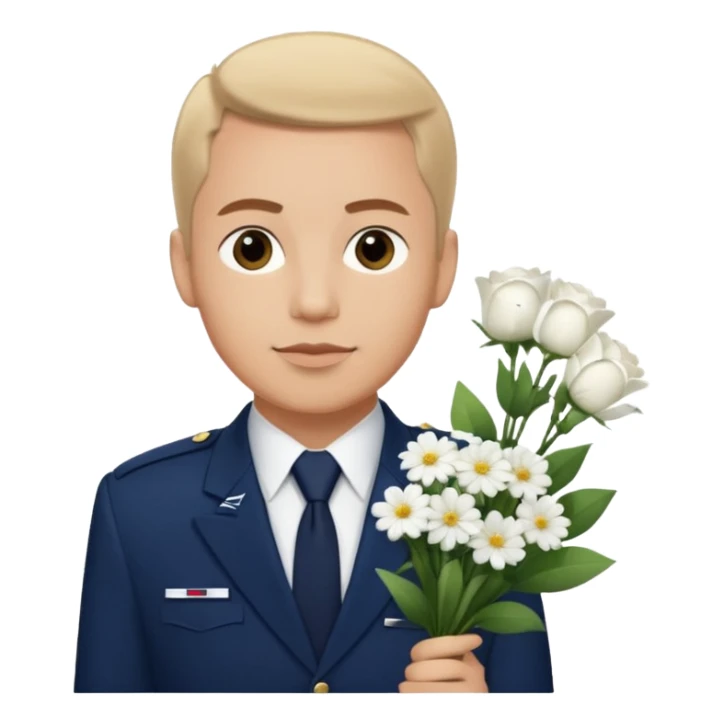 Homme avec bouquet fleurs blanches, avec uniforme bleu foncé cravate rouge comme Air France  sticker