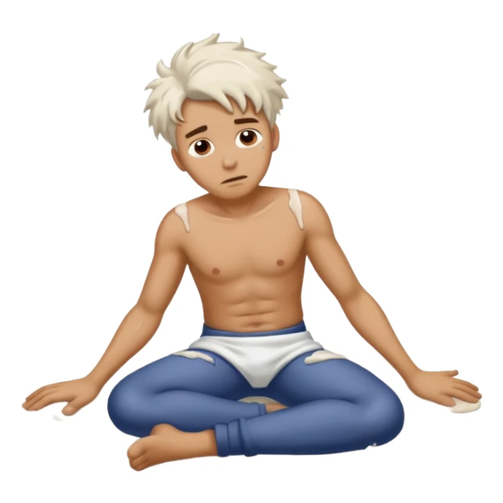 Man on the floor exhausted covered in white lotion sticker