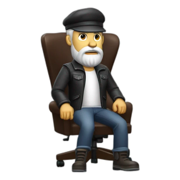 biff wiff santa beard wearing a leather jacket and a driver cap sitting in a directors chair looking angry(full body, ios17) sticker
