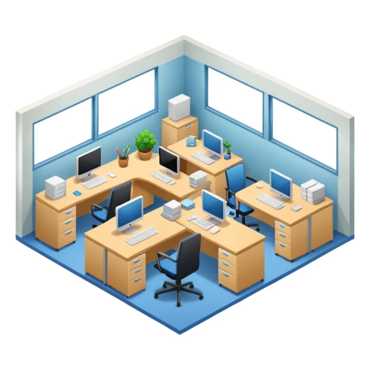 an office with several desks in an isometric style sticker
