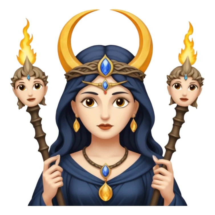 The goddess Hecate with 3 heads holding two torches the front head with a crescent moon on forehead sticker