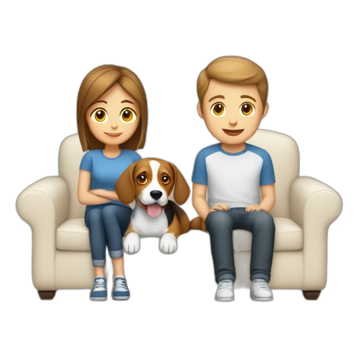 Brown hair White boy and girl with beagle Sit on couch sticker