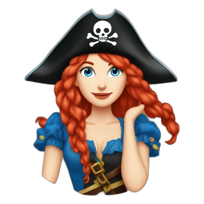 Woman long red platted hair hanging down to left, pirate hat. One side of head has no hair. Blue eyes. skull and crossbones t shirt sticker