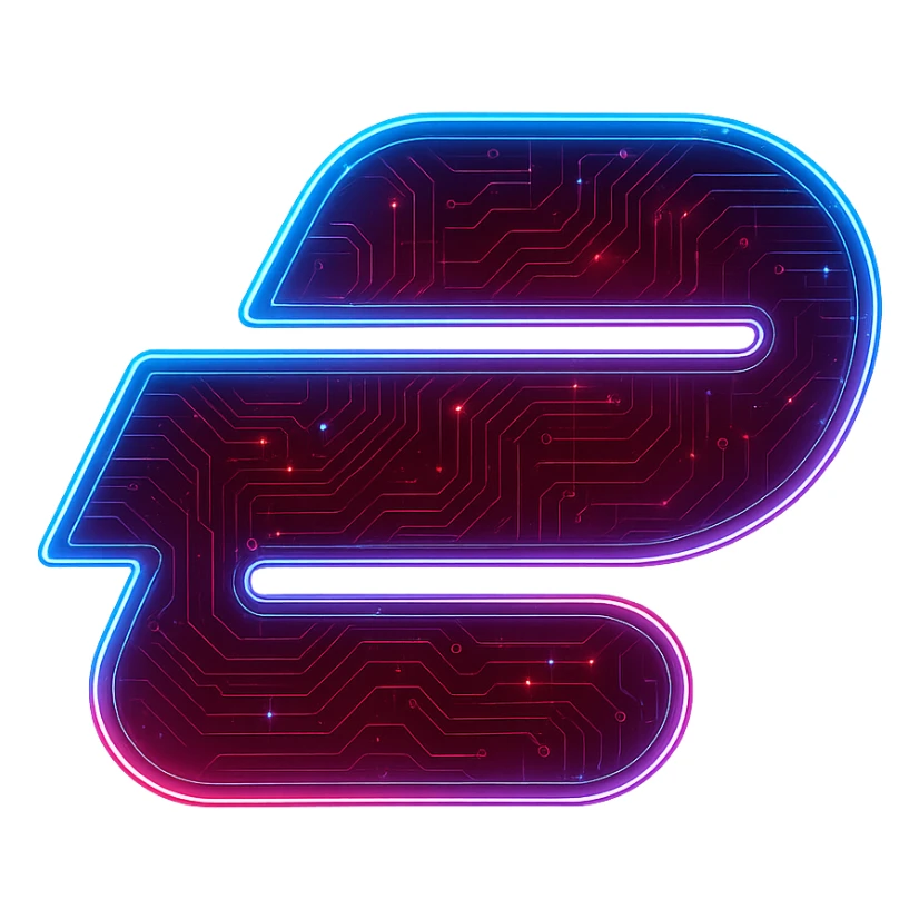 Transform the ExpressVPN logo into a cyberpunk, holographic style with glowing neon red, blue, and pink edges. Add intricate circuit patterns throughout the entire icon while maintaining the recognizable ExpressVPN logo shape. Keep the main color red and overlay neon and circuit effects in a futuristic, clean style consistent with cyberpunk glow and intricate circuit details. The background should be transparent. sticker