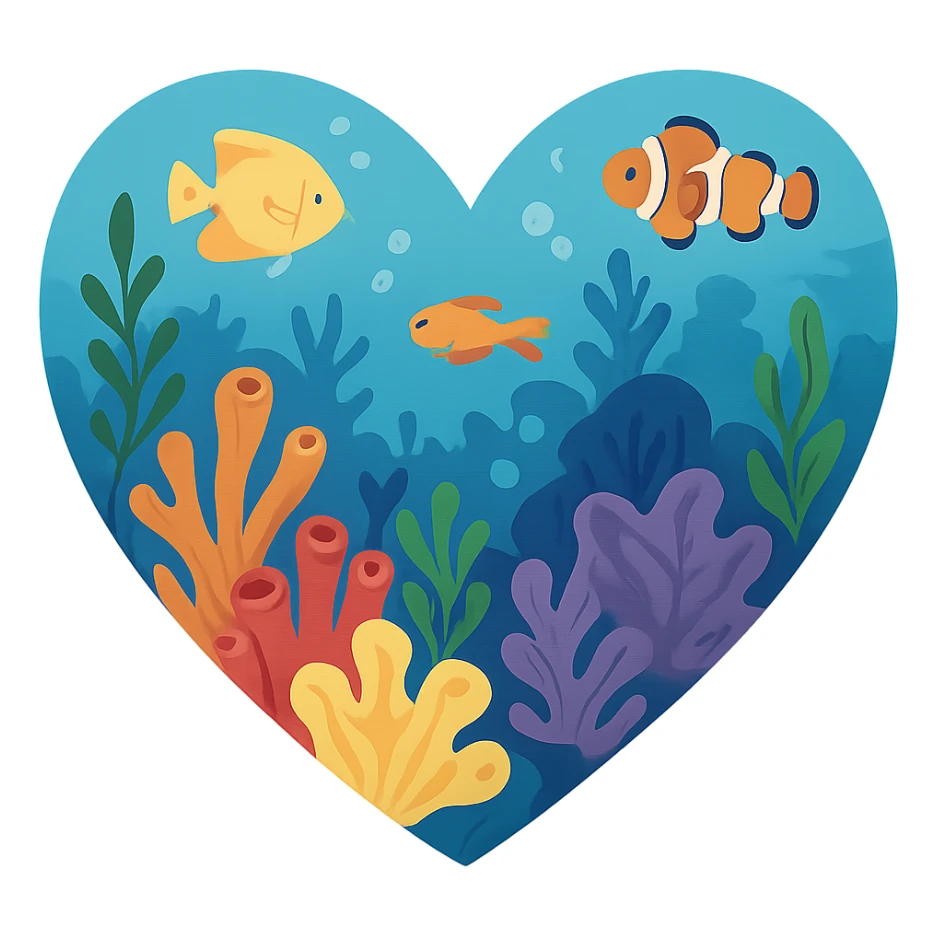 heart with an underwater coral reef theme, clean digital illustration, no background sticker