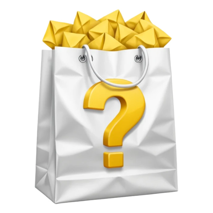 white goodiebag with yellow questions mark boxes stuffed in it sticker