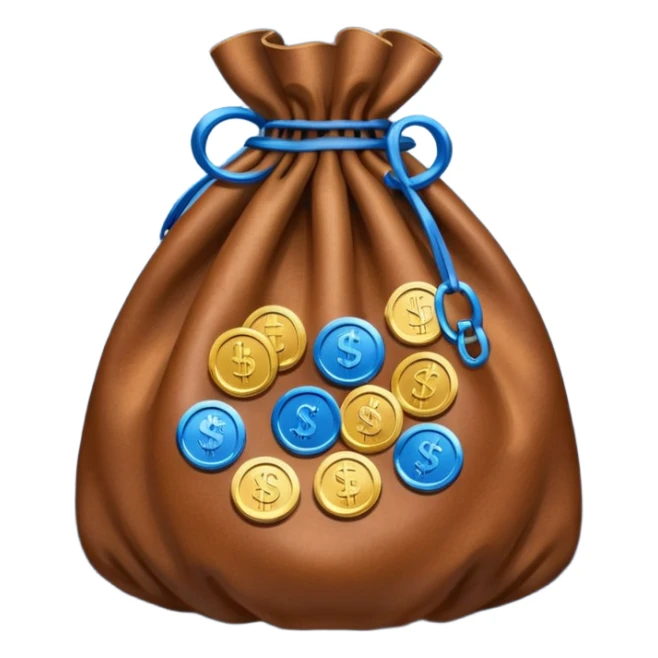 brown money bag with blue coins inside sticker