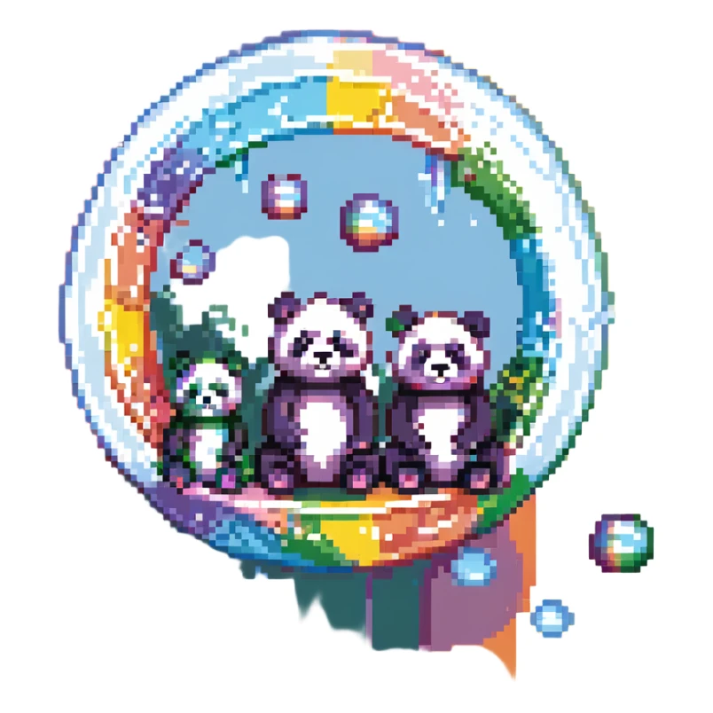 Cinematic still pandas bears sitting inside bubbles flying around San Francisco downtown, sunny summer day, happy vibe, colorfull surround, rainbow sticker