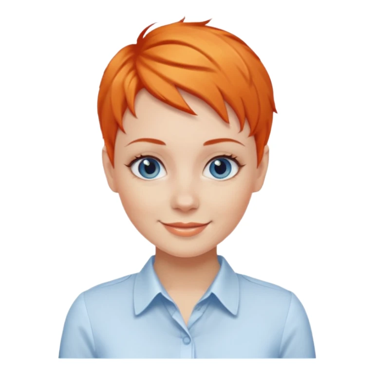 27 year old white woman, orange hair, pixie cut, blue eyes,  wearing a white blouse sticker