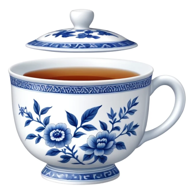 traditional Chinese tea cup with blue and white porcelain design sticker
