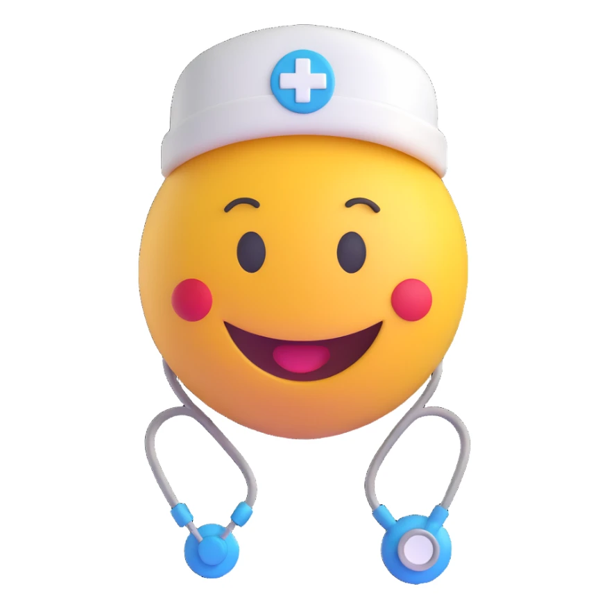 3D smiley emoji, round shape, wearing a medical cap and stethoscope, smiling face sticker