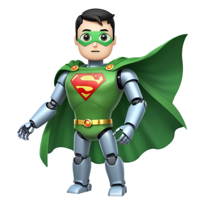robot with green superman cape and a X in the chest sticker