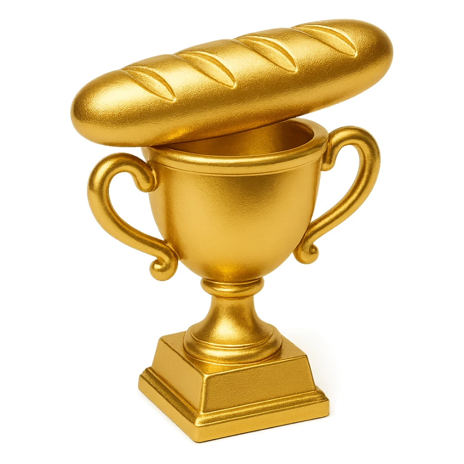 a trophy with a baguette on top, classic trophy base, gold, playful style sticker
