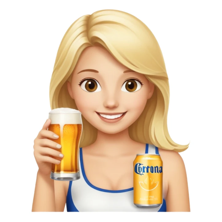 happy blonde girl with corona beer sticker