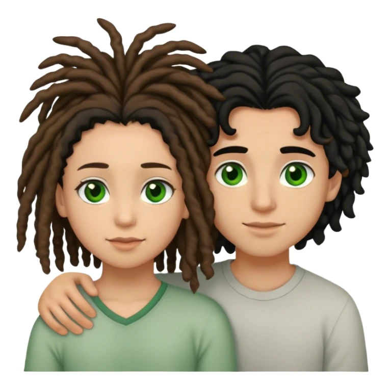 couple holding eachother. the boy is light skinned, short brown dreads, and green eyes. the girl is light skinned, curly black hair, and brown eyes sticker