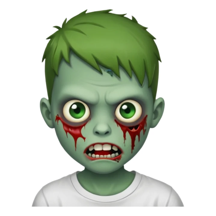 Faça um menino zumbi com a boca meio torta com machucado fo lado da boca camisa branca sticker