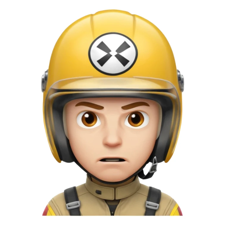 white male racer in helmet, crazy look, taking risks, very serious face, angry sticker