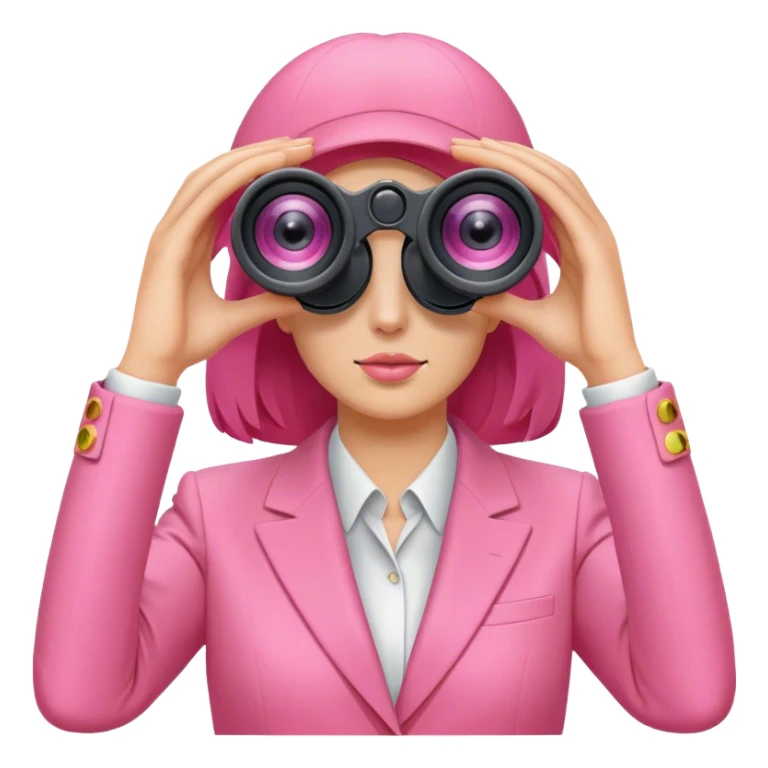 woman in a pink suit looking through two-eyed binoculars, front view sticker