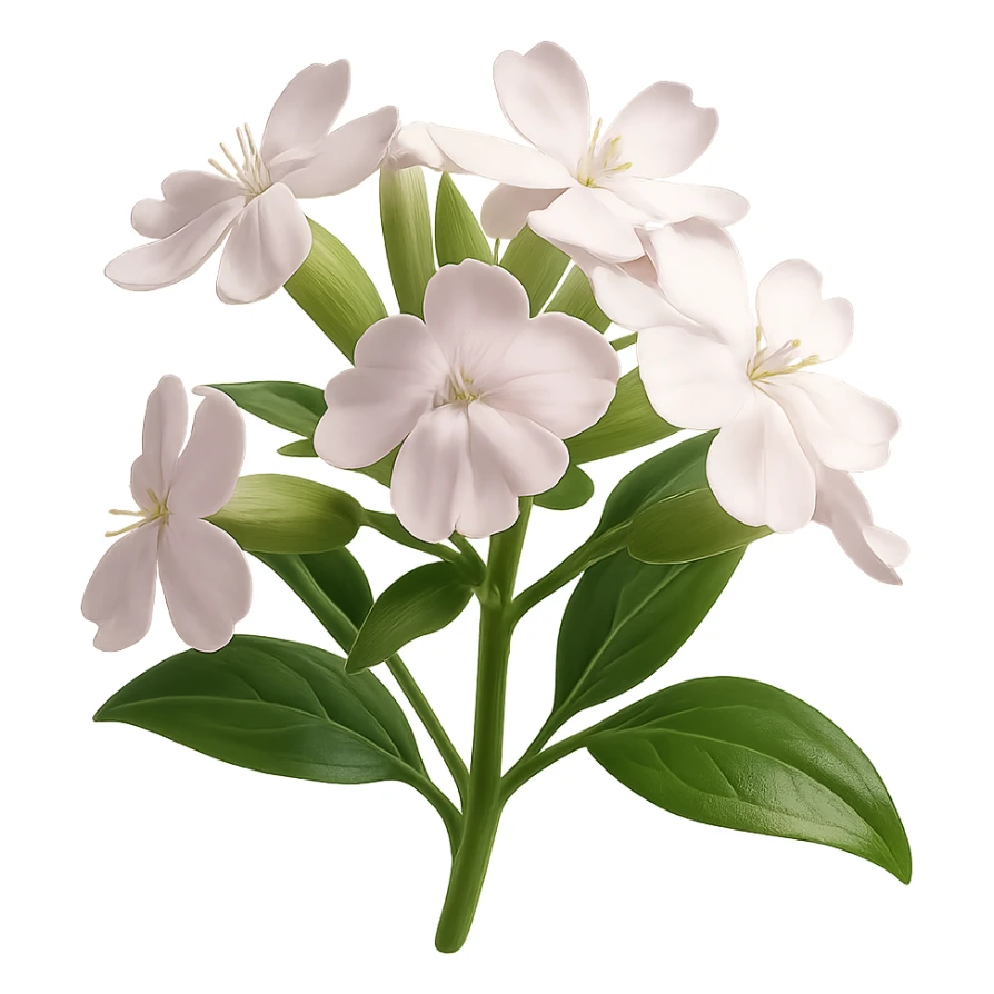 Create a 3D iOS-style realistic soapwort (Saponaria) flower with delicate pale pink petals, green stem and leaves, soft lighting, and a glossy effect. The image should have no background. Render in the style of GPT Image to capture realistic and detailed features. sticker