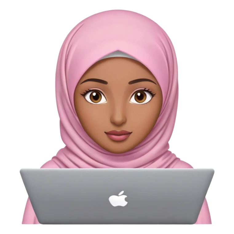 Medium brown skin woman wearing light pink hijab with natural makeup, long eyelashes and lip gloss working behind laptop sticker