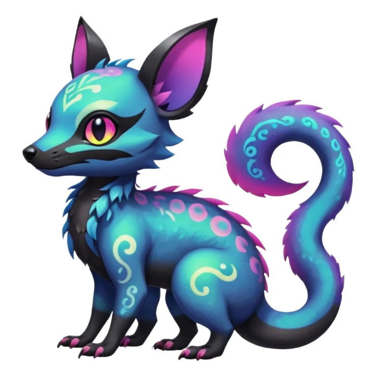 Rare neon iridescent white exotic cute epic aesthetic gothic colorful Salandit-Eevee-Civet-species-Fakemon-hybrid-creature, with intricate tattoo markings, full body sticker