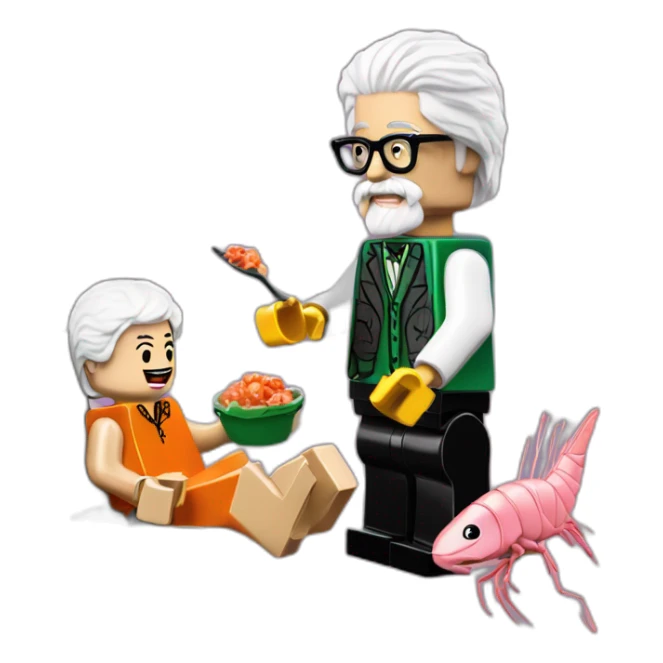 Des Lynam eating prawns with LEGO Lily Savage sticker