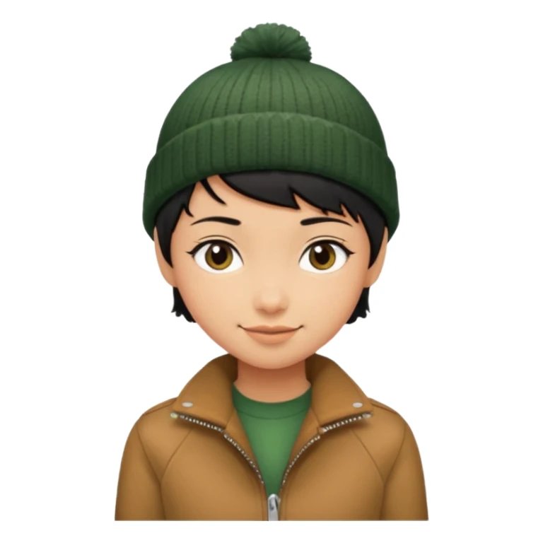 tan skin, non binary person with pixie cut black hair, wearing brown jacket and dark green beanie, shy smile  sticker