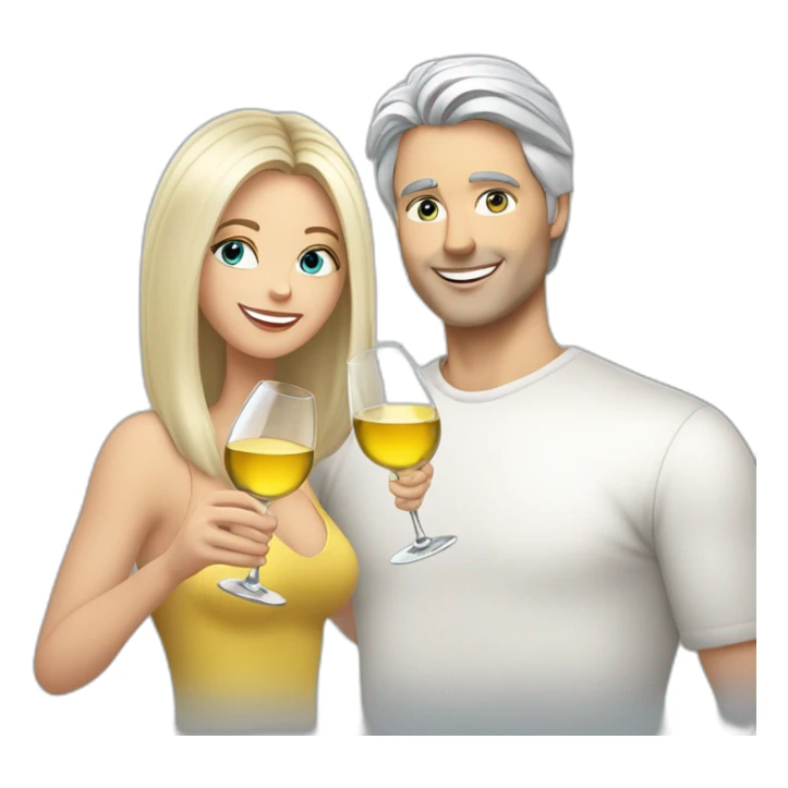 A white woman with brown eyes and blond medium long hair and a white man with blue eyes and grey hair, toasting with a glass of white wine sticker