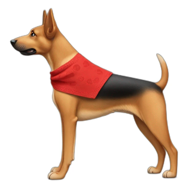 75% Coonhound 25% German Shepherd mix dog wearing small plain red bandana side view full body in profile left facing sticker