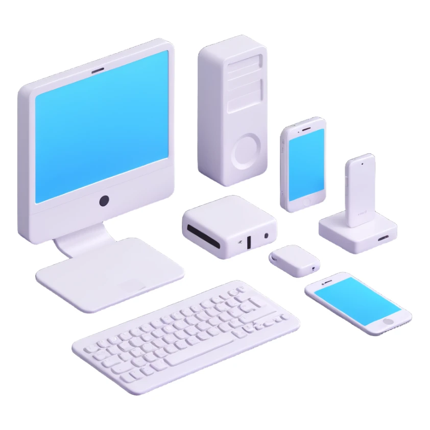 emoji representing the concept of 'Technologies Used', featuring a combination of a computer, smartphone, and gear, in a modern, clean style sticker