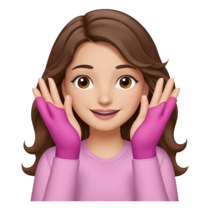 girl with wavy long brown hair, brown eyes, light to medium complexion, long lashes, light pink lipstick, wearing light pink shirt, smiling, hands over the eyes sticker