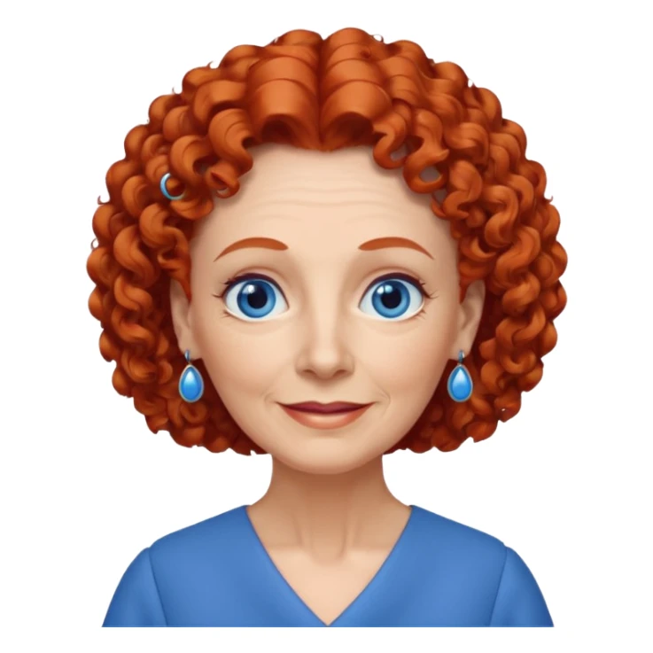 una profesora mayor simpática con el pelo rojo rizado, ojos azules, vestido azul y pendientes azules hablando sticker
