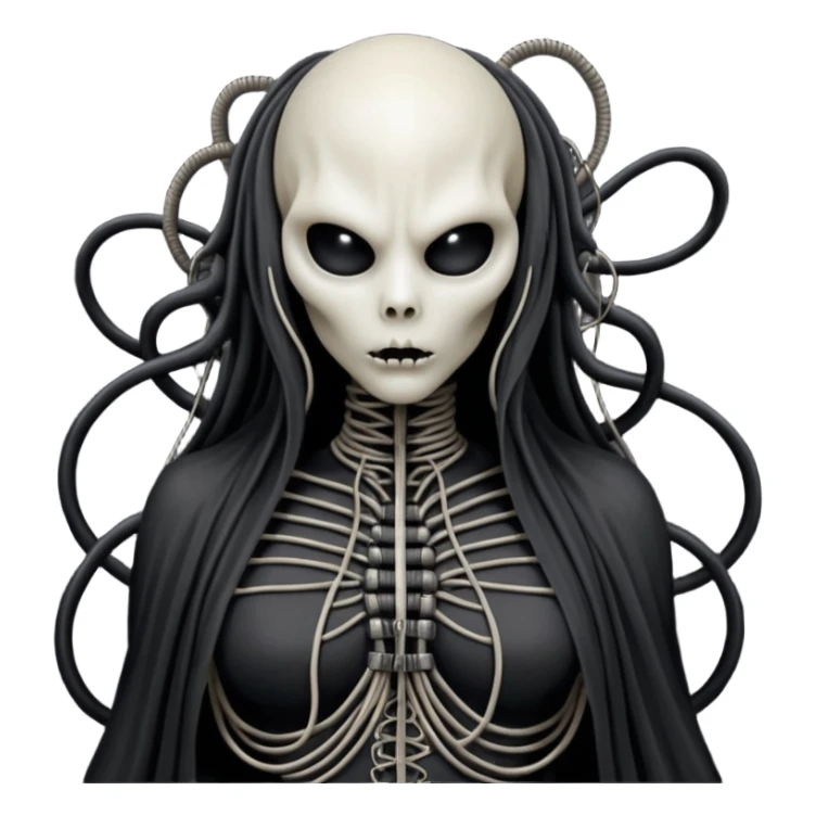 organic black wires merging into a monstrous creature, draped in black rags and bondage, Giger-esque sticker