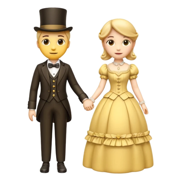 two 3d yellow emoji characters holding hands, dressed in elegant victorian attire, soft romantic expression, classic glossy 3d emoji render, white background sticker