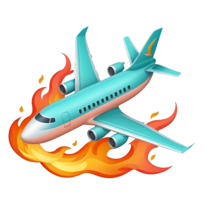 Minimalist flame combined with airplane outline icon, thin contour, monoline vector, premium travel promo emoji, aqua teal and light coral, transparent background, 512x512 sticker