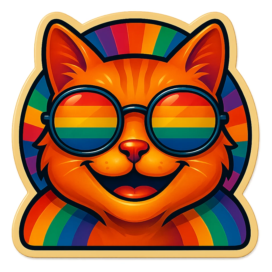 Make the cat smile, keep the same retro stickers aesthetic, rainbow sunglasses, and vibrant colorful background. sticker