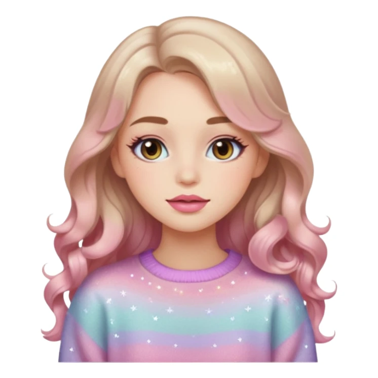 “Emoji girl, soft eyeliner, gradient rose lips, light brown shimmer eyeshadow, sparkly aegyo-sal, long wavy hair, cozy pastel sweater.” sticker