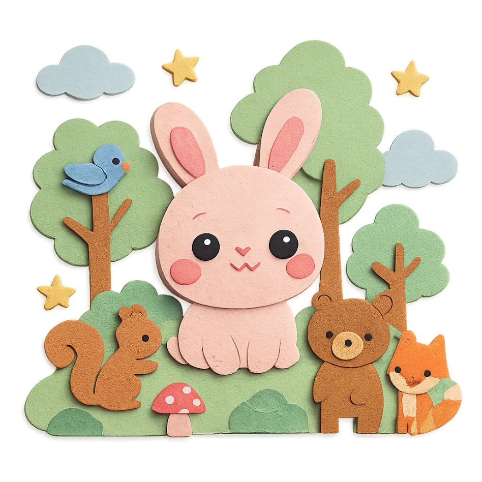 kawaii mori forest with round-faced fluffy pastel bunny with big sparkling eyes and pink blush, with squirrel, bear, fox, and bird, in a dreamy pastel green forest, clouds, stars, mushrooms, soft pastel tones, high resolution sticker