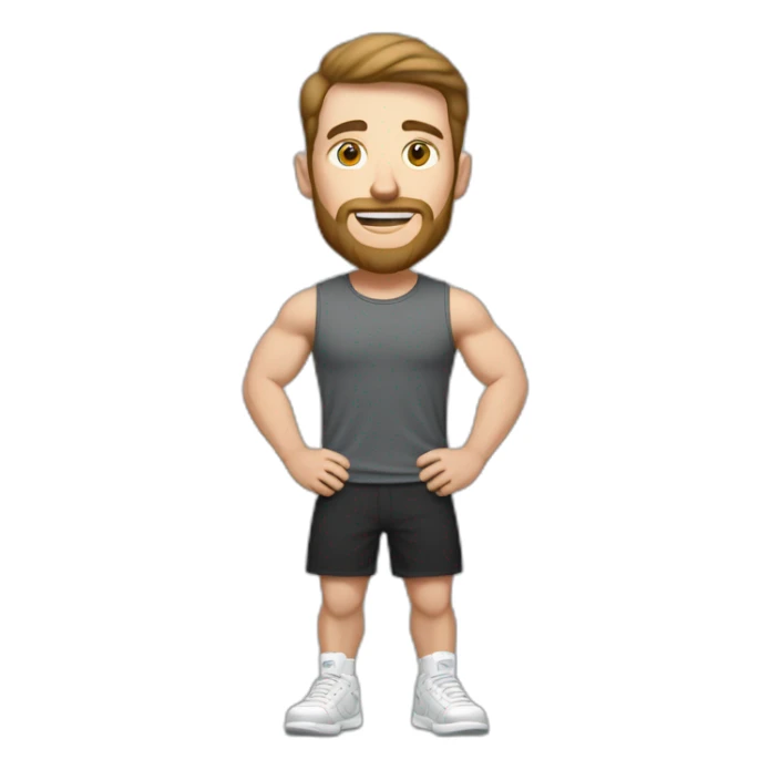 Full height Actively gesturing with hands Pale skinned Fit Man With the biceps and brown hair in dark gray Sleeveless Mike, black oversize sports shorts, watch and white Sneakers sticker