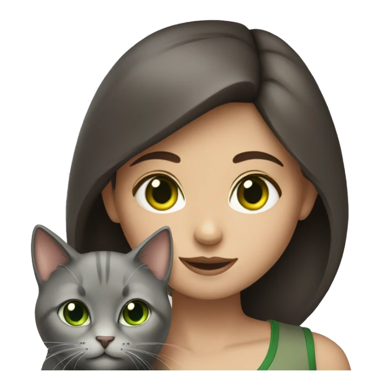 a brunette girl with green eyes and a gray cat sticker