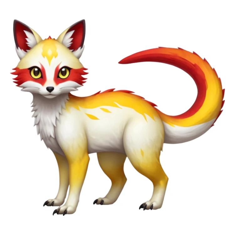  Hyper-realistic oily smooth silky soft White white with red gradients, and yellow slit eyes markings beautiful handsome gorgeous aesthetic colorful vibrant Vernid-Trico-species-Fakemon-creature by LiLaiRa, 4 legs, 1 tail, random markings, (full body) sticker