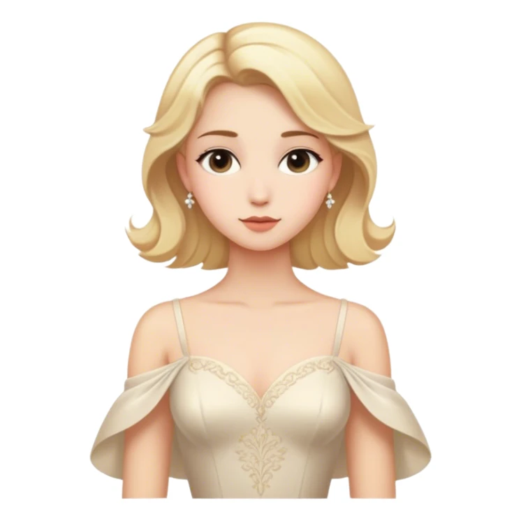 Cinematic Timeless Cinderella Portrait Emoji, rendered in a realistic, simplified vector style. Depict a classic Cinderella with delicate fair skin, beautifully styled blonde hair, and a calm, content expression, dressed in her iconic gown. The design is highlighted by a soft glowing outline and gentle, enchanting luminosity, capturing the essence of pure fairy-tale elegance. sticker
