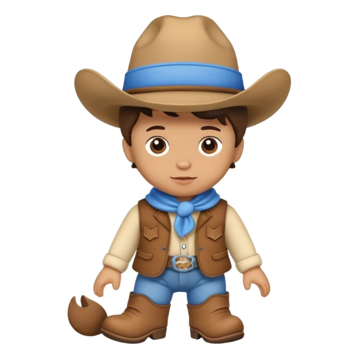 A soft plush baby cowboy doll with a blue hat and tiny boots sticker
